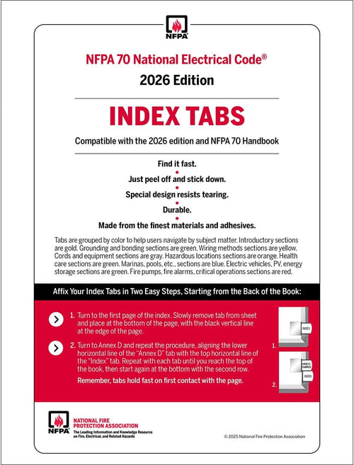 National Fire Protection Association NFPA 70, National Electrical Code (NEC) Self-Adhesive Index Tabs 2026 NFPA